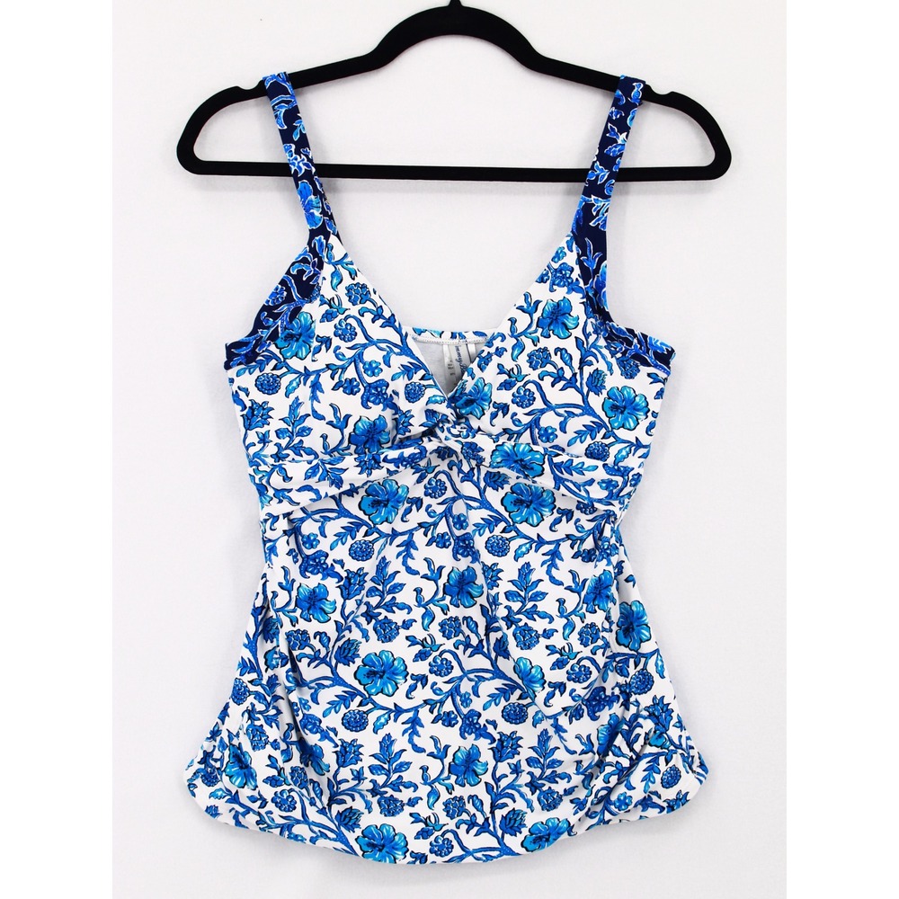 Tommy Bahama Twist Front Underwire‎ Tankini Top Medium Blue White Floral